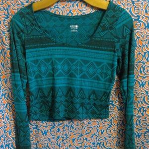 New Teal Geometric Long Sleeved Crop Top